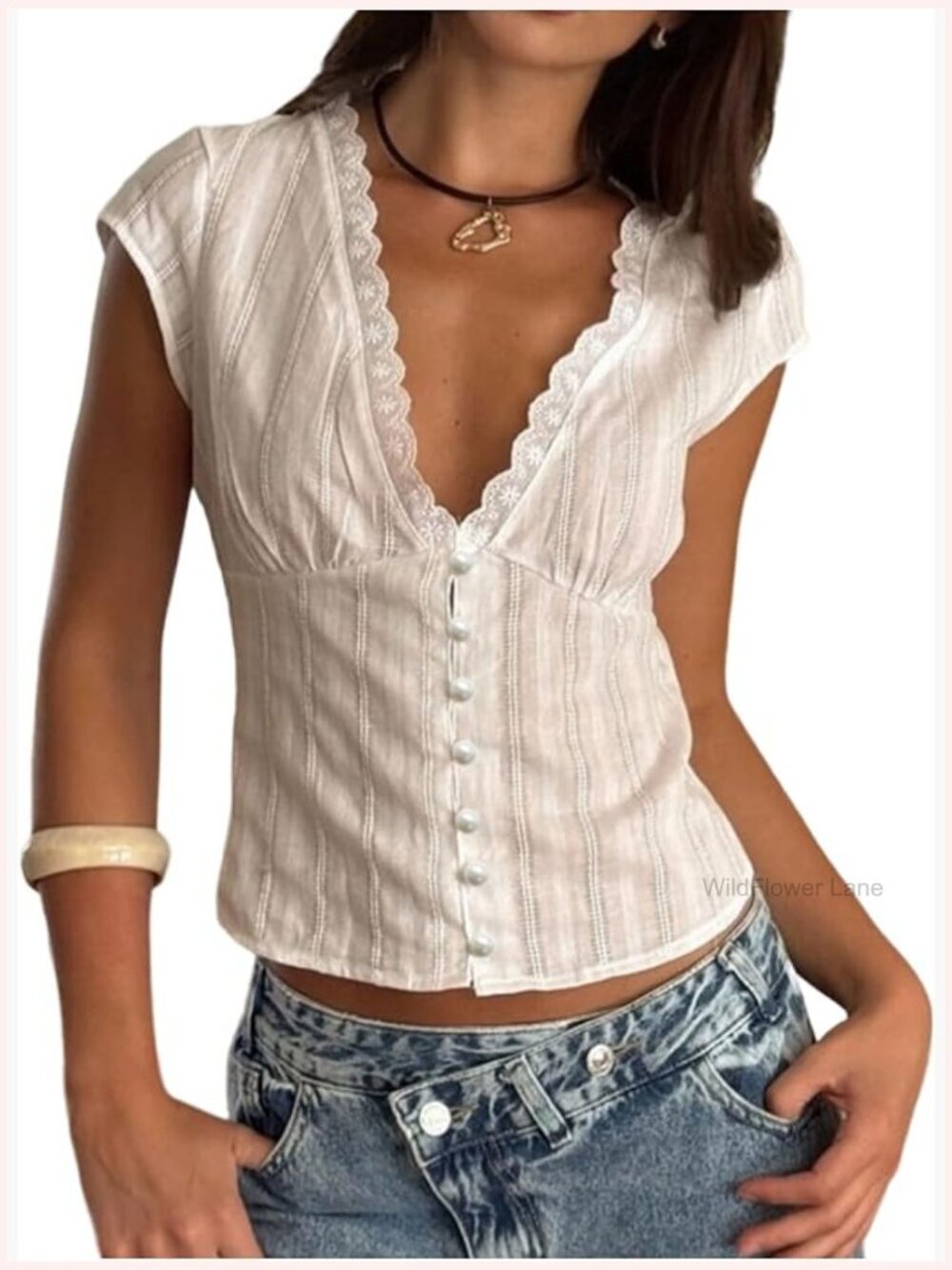 Deep V Neck Lace Crop Top Blouse Button Down Summer